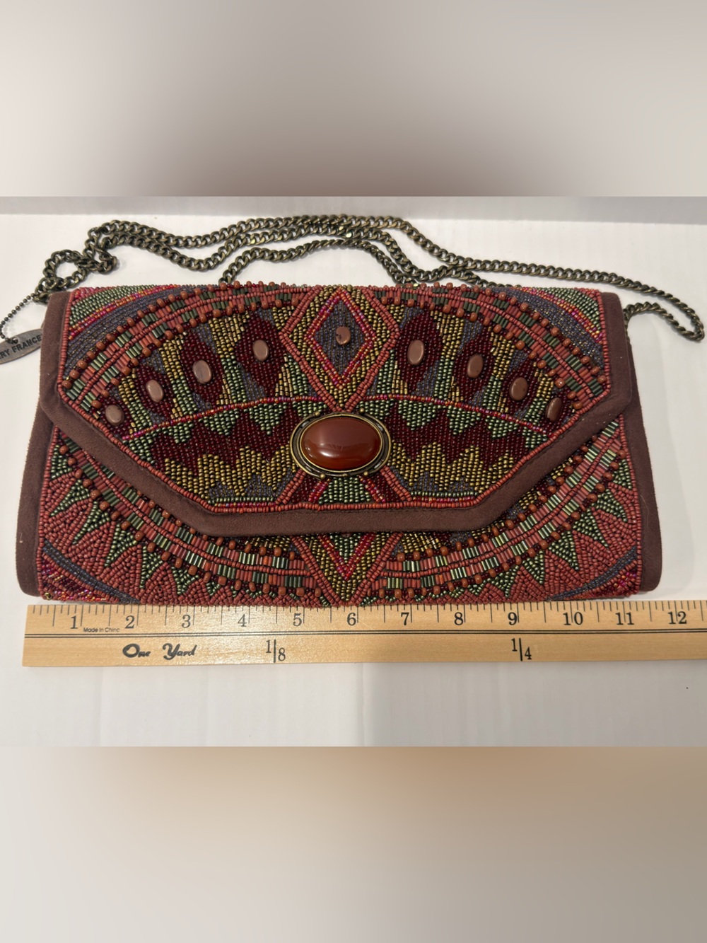 Mary Frances Beaded Brown and Green Embroidered Flap Clutch